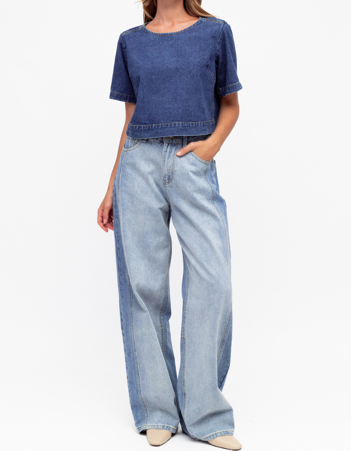 Tilly Contrast Panel Wide-Leg Jean in Blue Denim