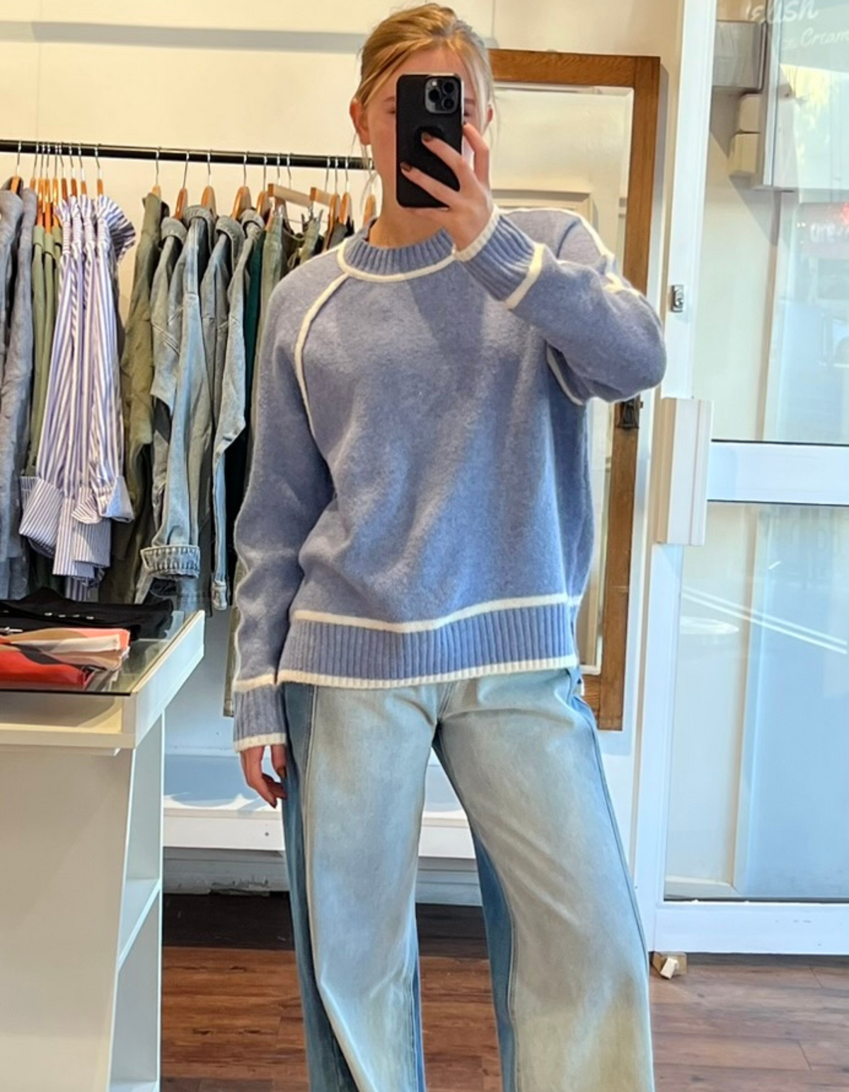 Kobe Crew Neck White Line Jumper in Blue