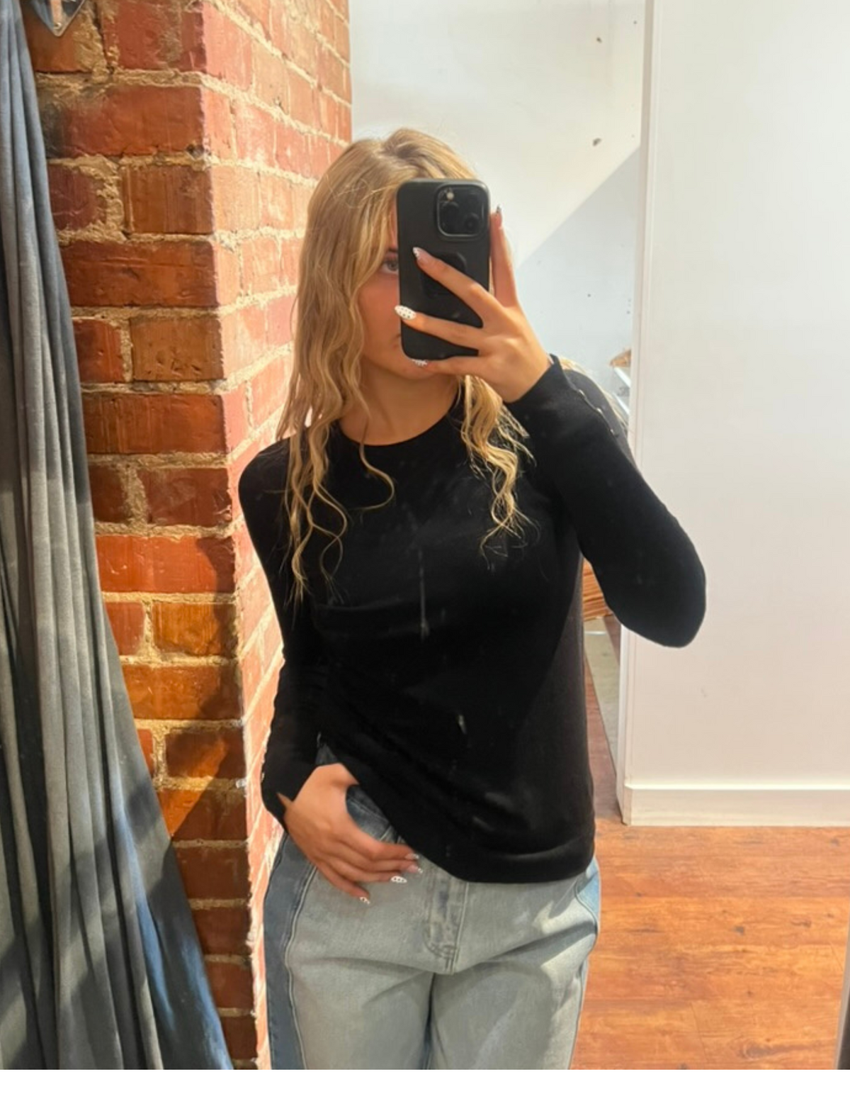 Arlo Crew Neck Button Cuff Knit Top in Black