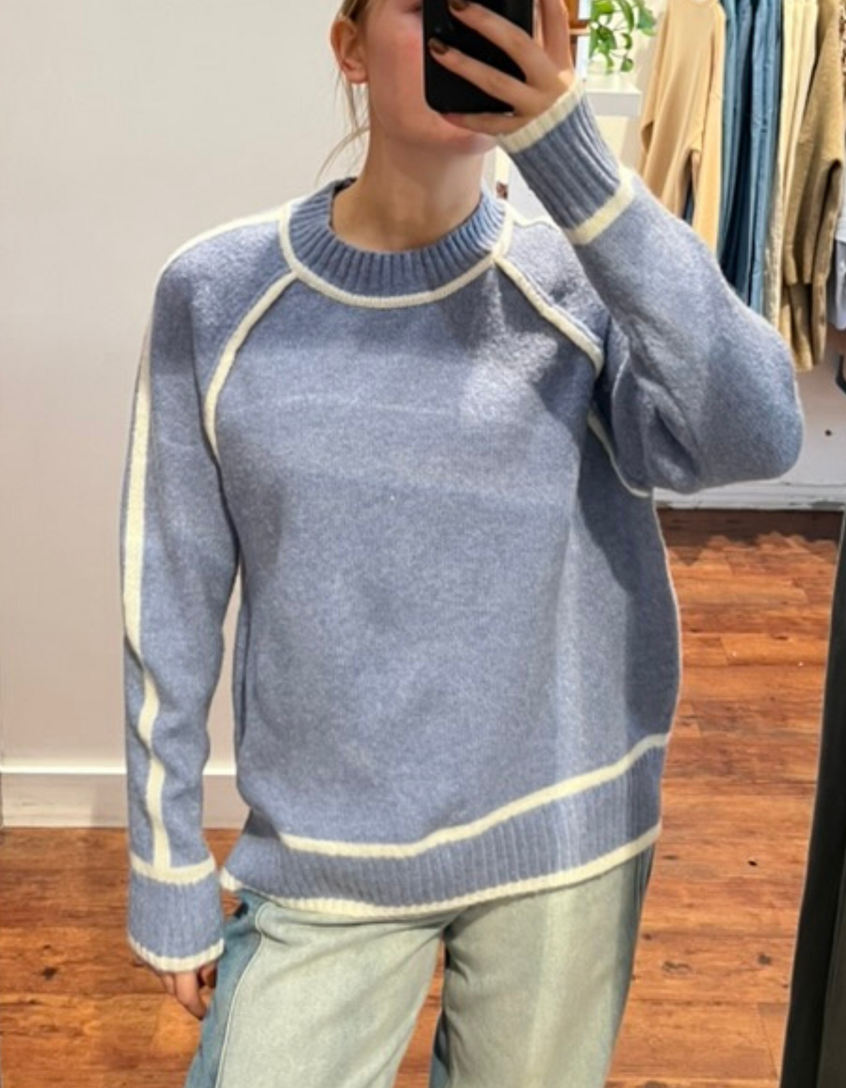 Kobe Crew Neck White Line Jumper in Blue