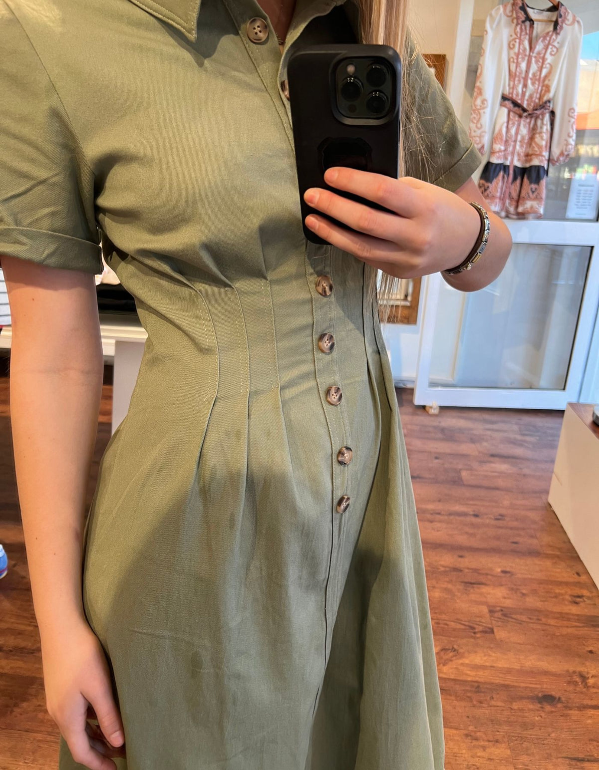 Kris Short Sleeve Button Down Midi Dress in Khaki