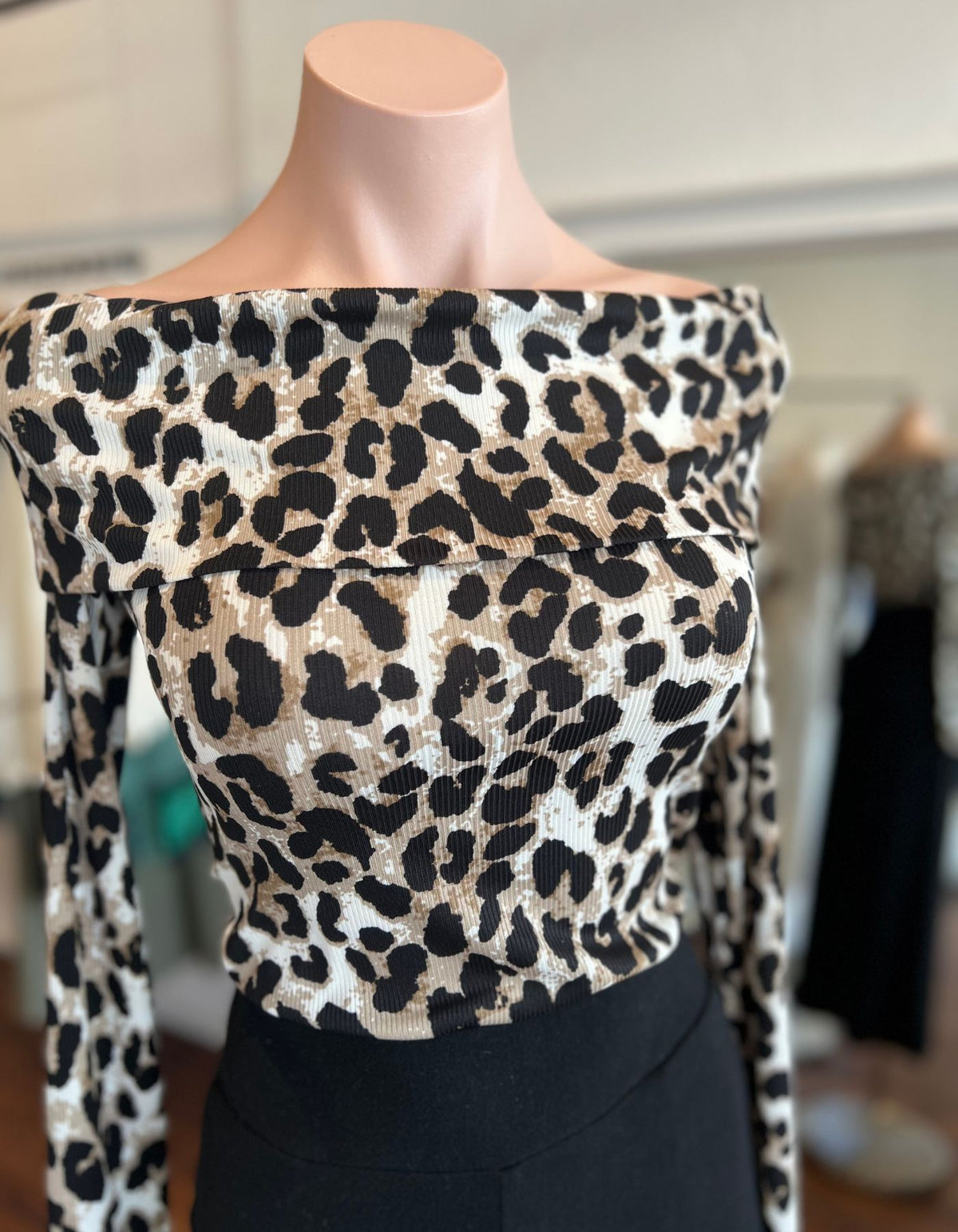 Porto Off Shoulder Long Sleeve Fitted Top in Leopard Print