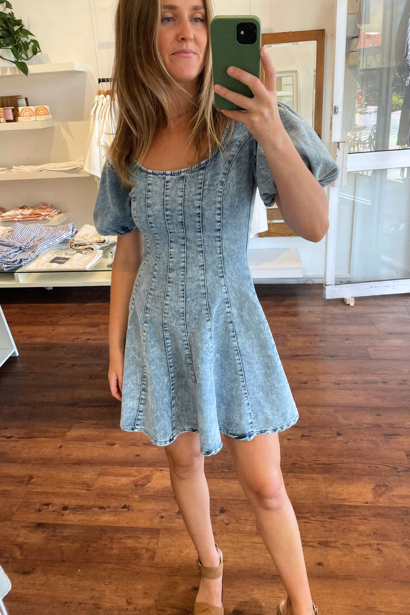 Blaze Puff Sleeve Fitted Bodice Short Denim Dress in Blue Wash