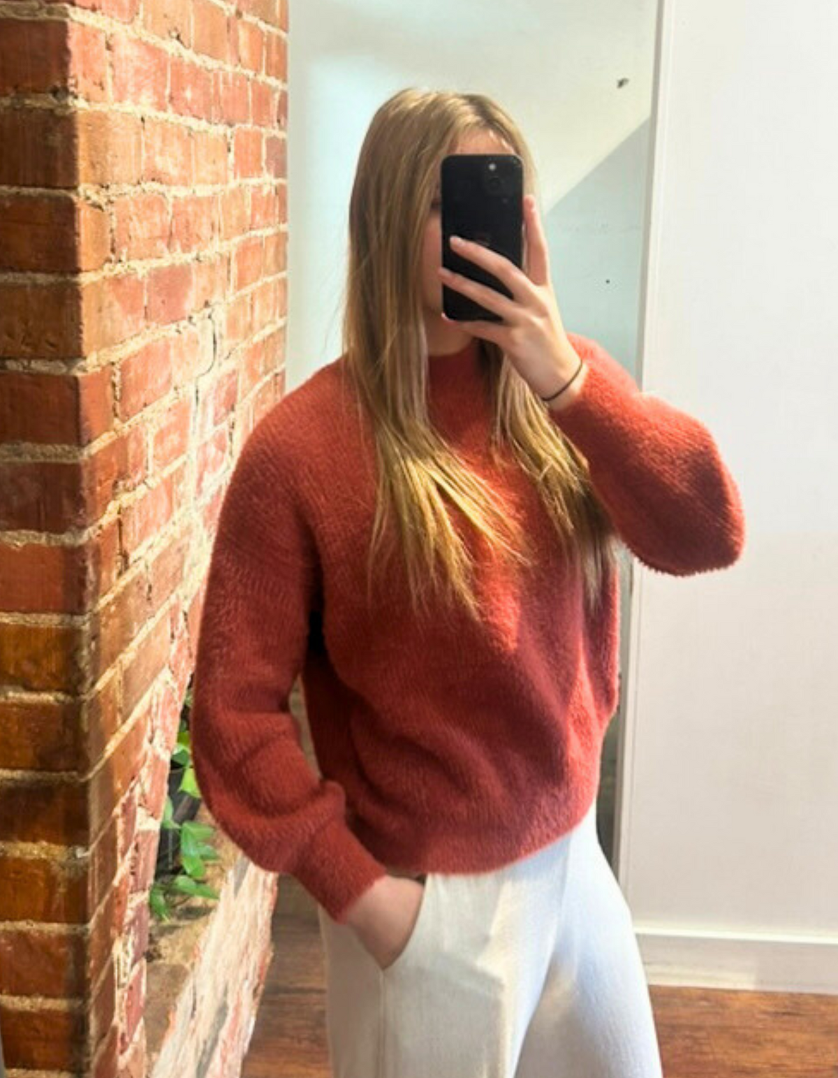 Sydney Crew Neck Brushed Knit Jumper in Rust
