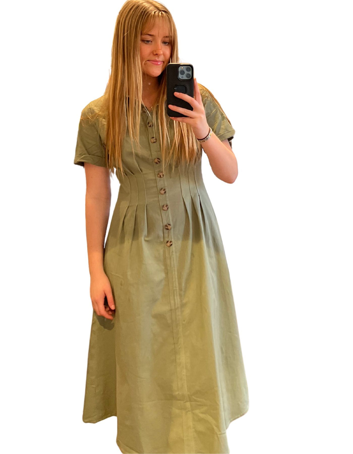 Kris Short Sleeve Button Down Midi Dress in Khaki