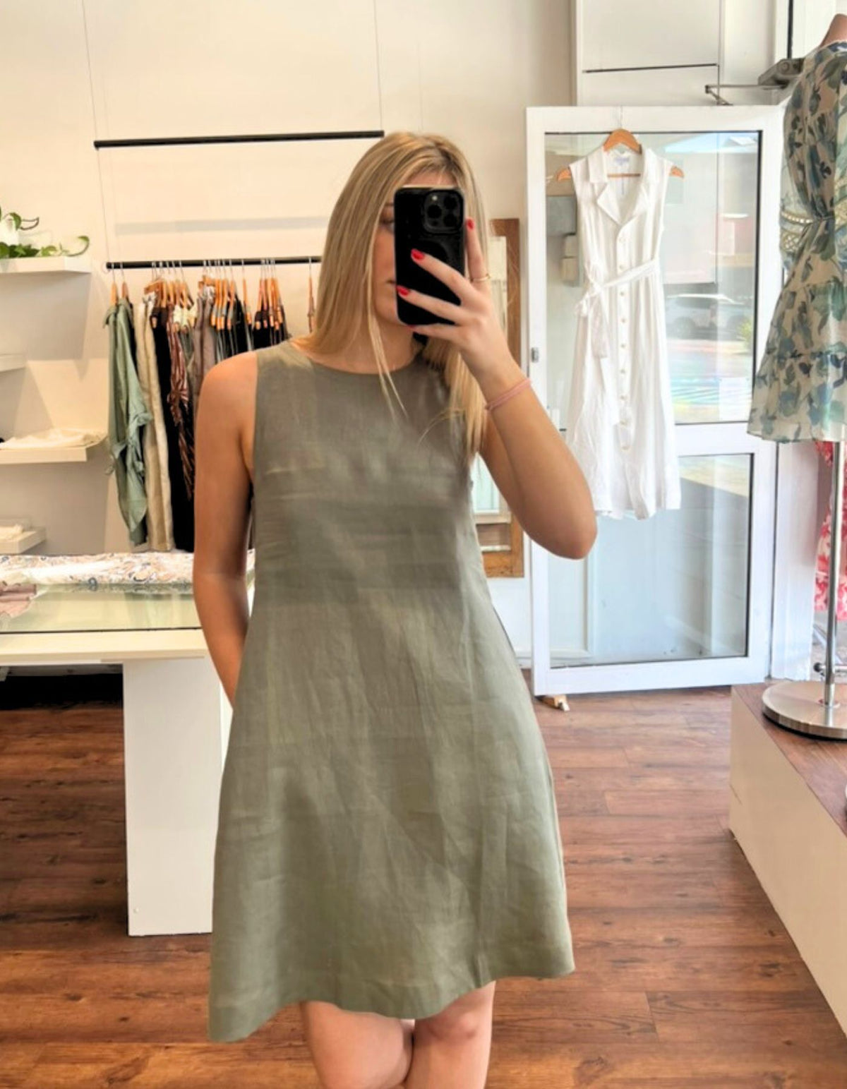 Apex A Line Sleeveless Linen Shift Dress in Khaki