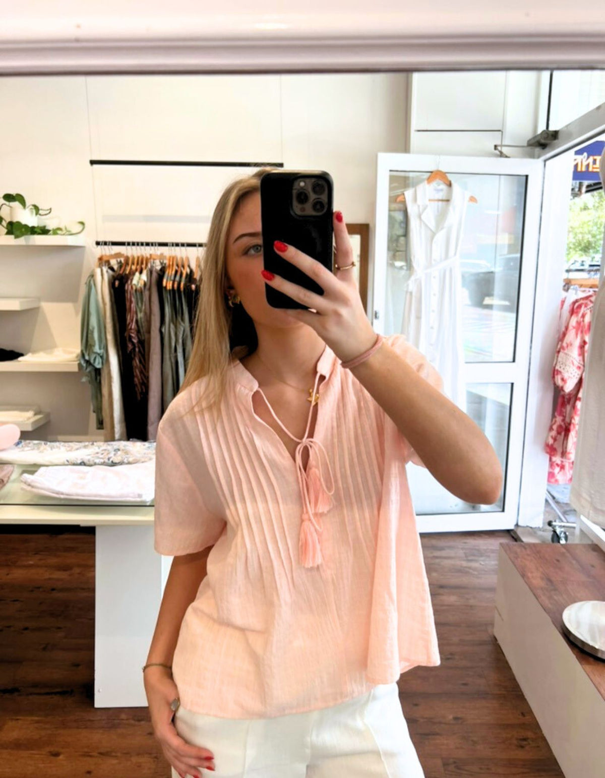 Mae V Neck Pintuck Cotton Top in Light Pink