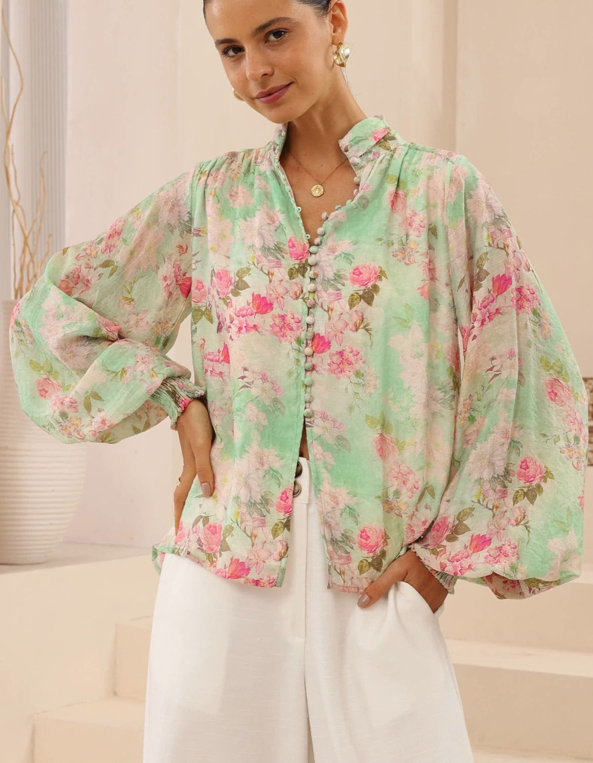 Estellle Button Down Blouse in Green/Pink Floral Print