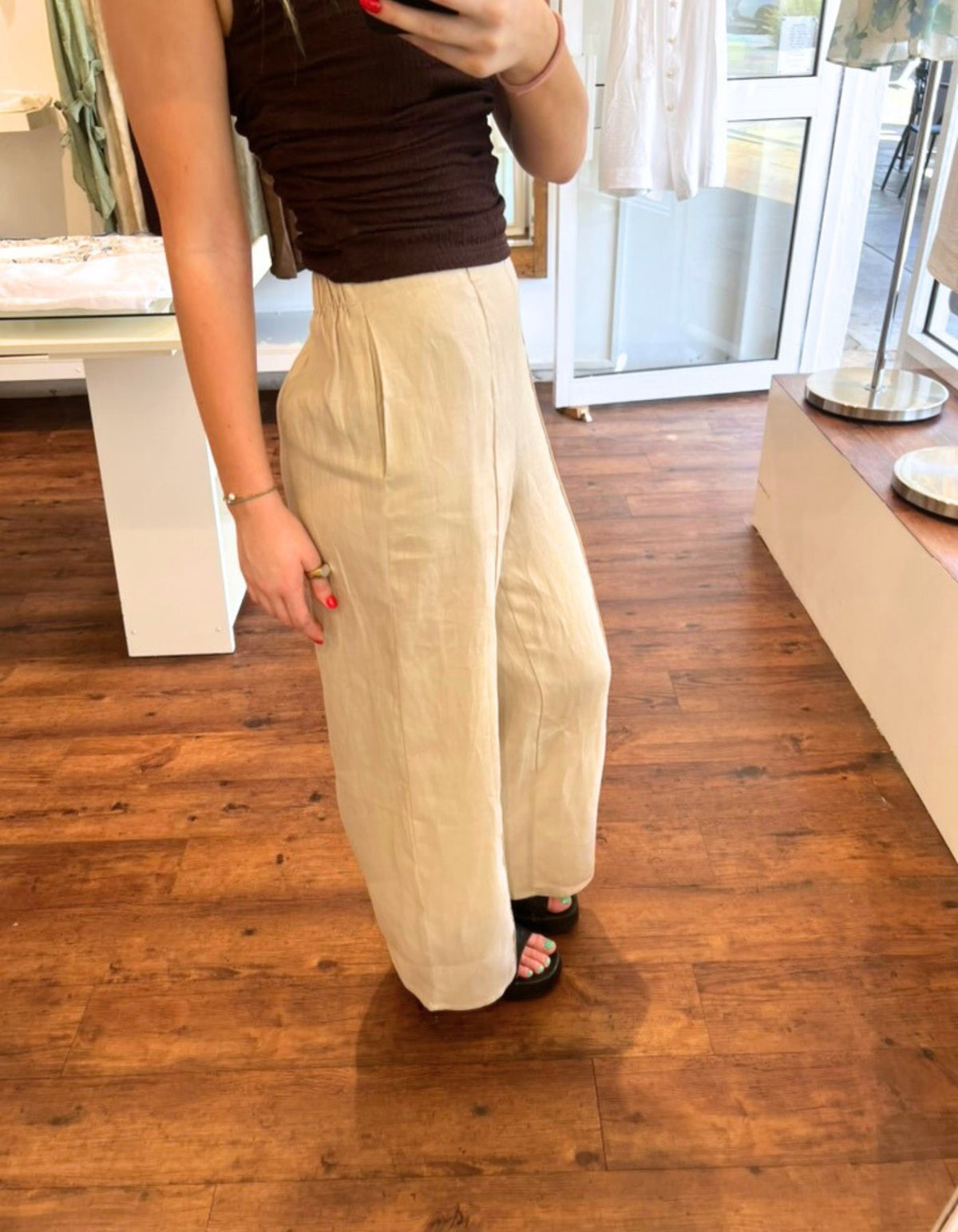 Farah Elastic Back Pants in Beige Linen