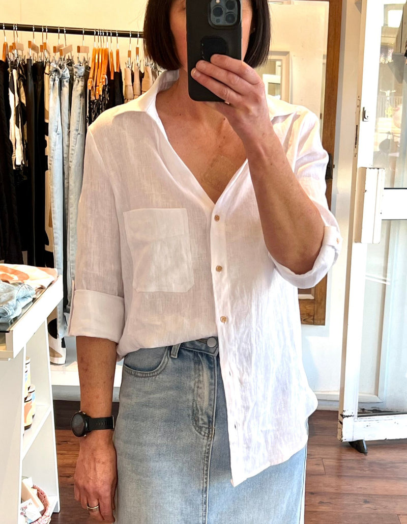 Tokyo V Neck Button Down Shirt in White Linen