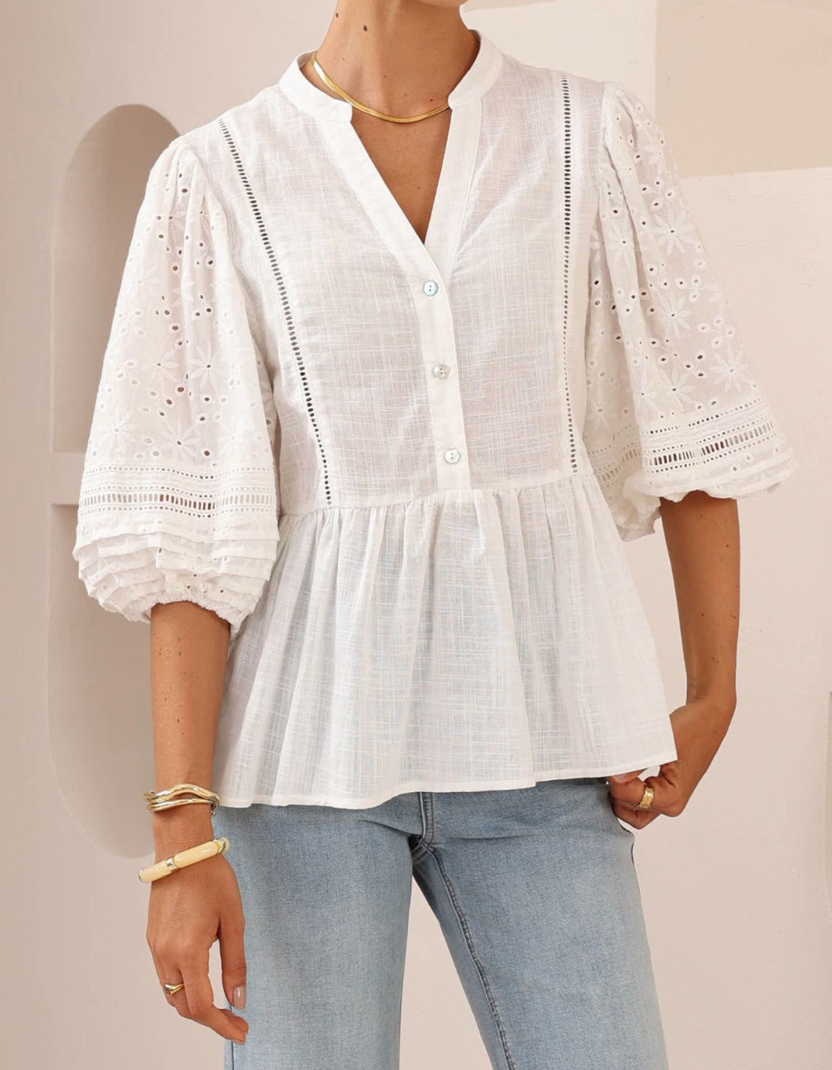Camille V Neck Broderie Anglaise Sleeve Top in White