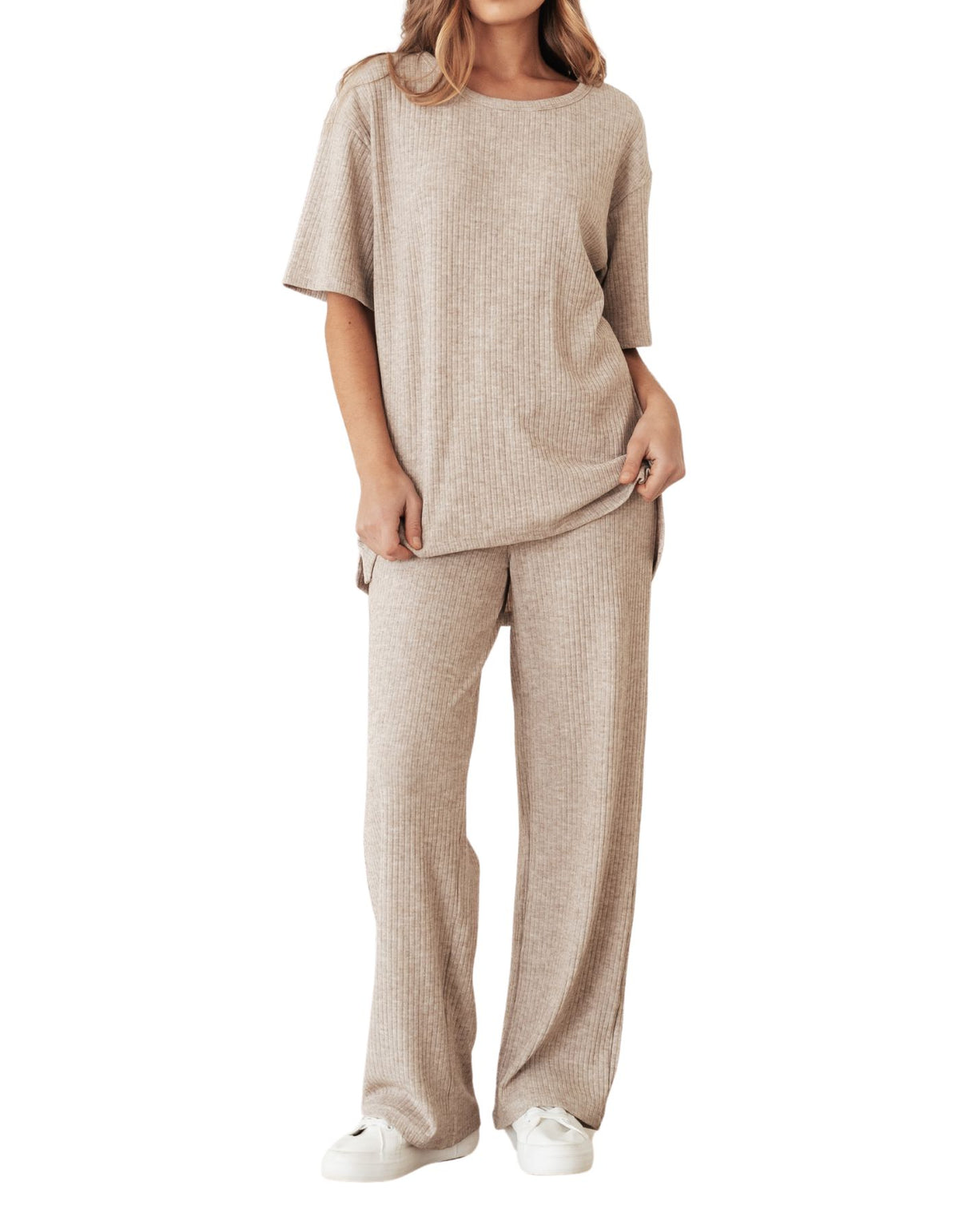 Nash Relaxed Fit Rib Knit Pants in Beige