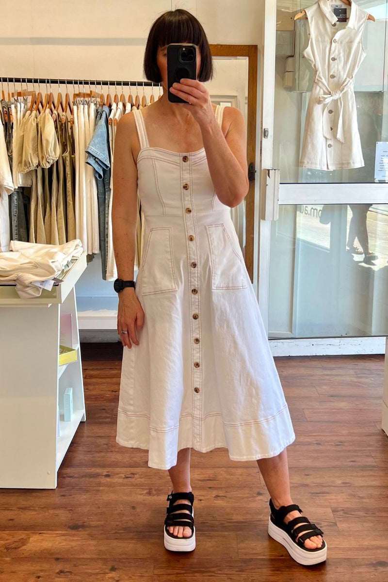 Seville Sleeveless Button Front Midi Dress in White