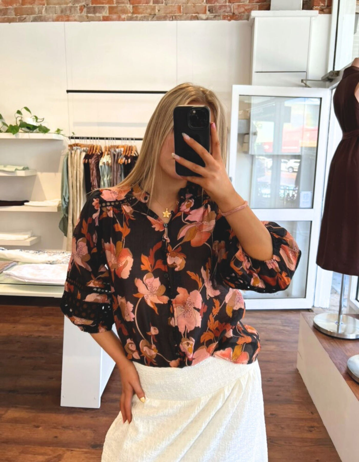 Arin Button Down 3/4 Sleeve Top in Black Floral