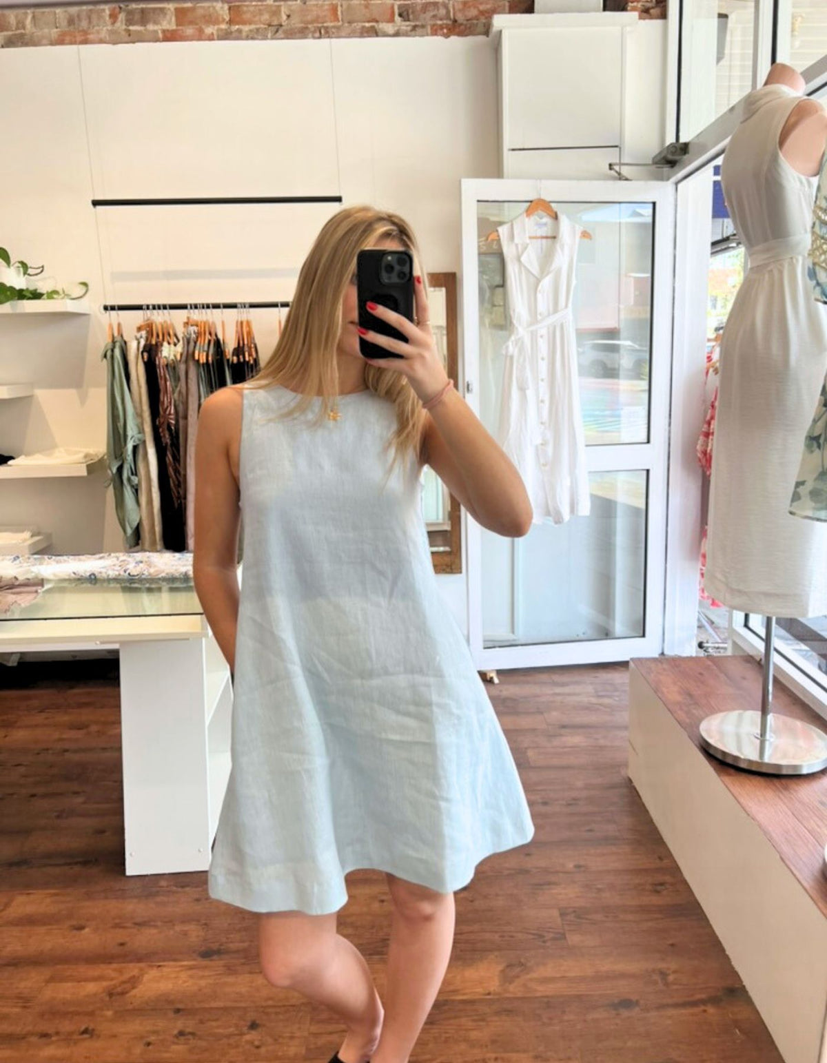 Apex A Line Sleeveless Linen Shift Dress in Light Blue