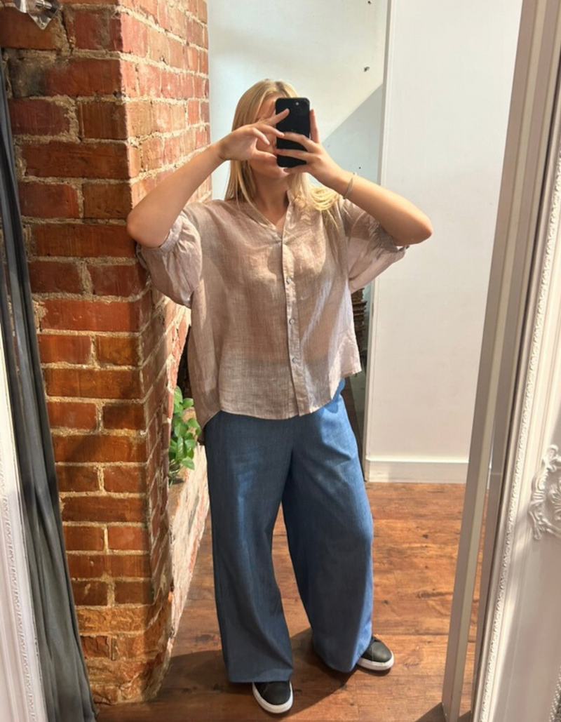 River Button Down Collarless Sheer Linen Shirt in Taupe