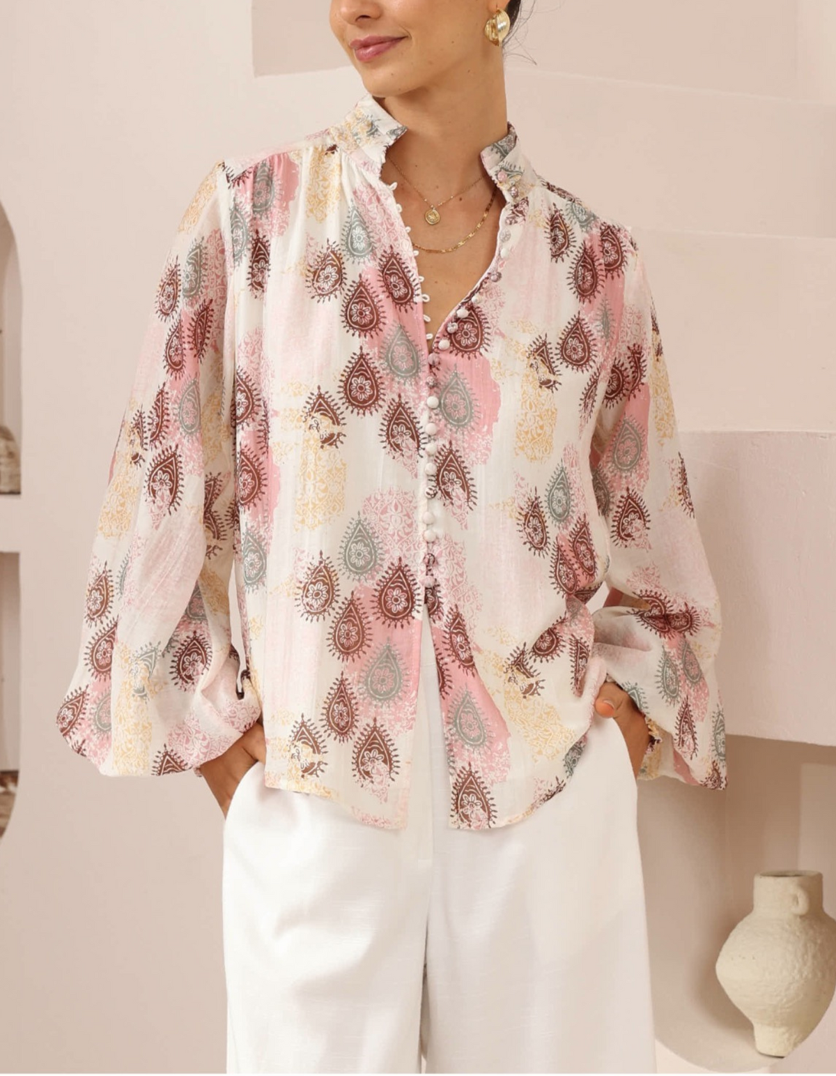 Estellle Button Down Blouse in Pink Paisley Print