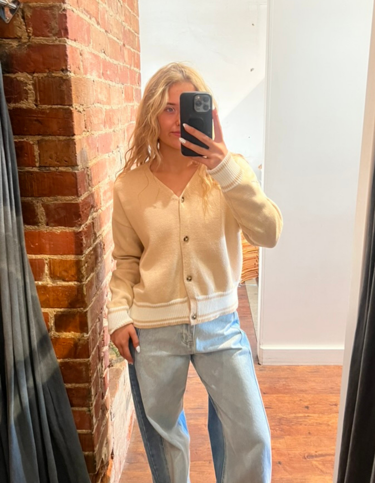 Mira V-Neck Contrast Trim Button-Up Cardigan in Beige