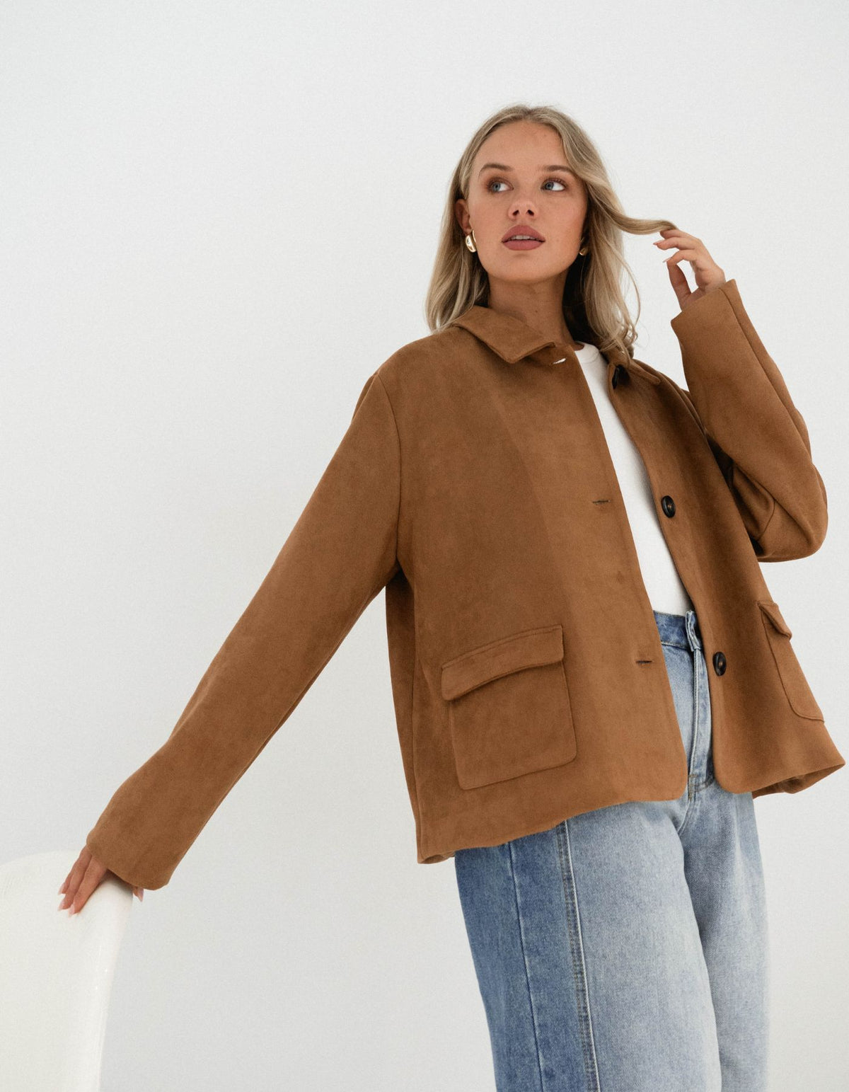 Reese Relaxed Button Up Suede Jacket in Camel