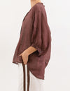 River Button Down Collarless Sheer Linen Shirt in Brown
