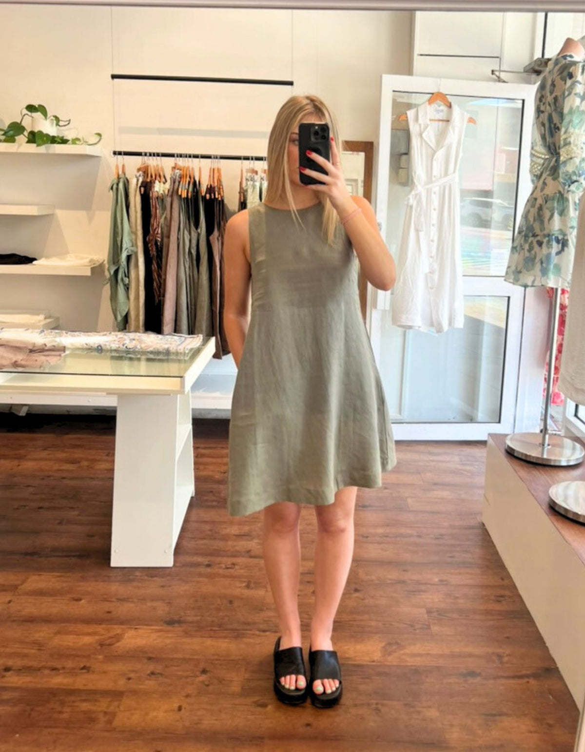 Apex A Line Sleeveless Linen Shift Dress in Khaki