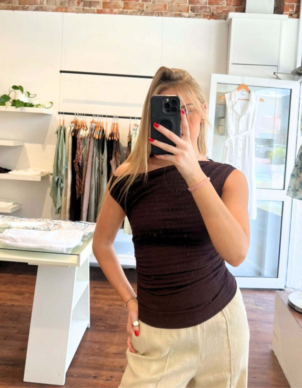 Sutton Drop Shoulder Top in Brown