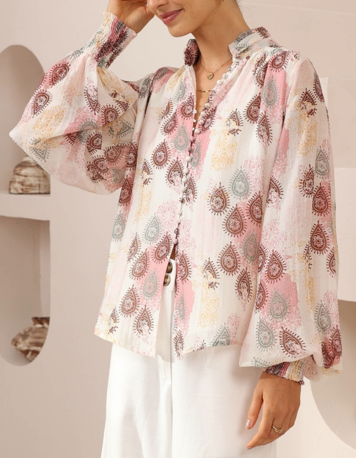 Estellle Button Down Blouse in Pink Paisley Print