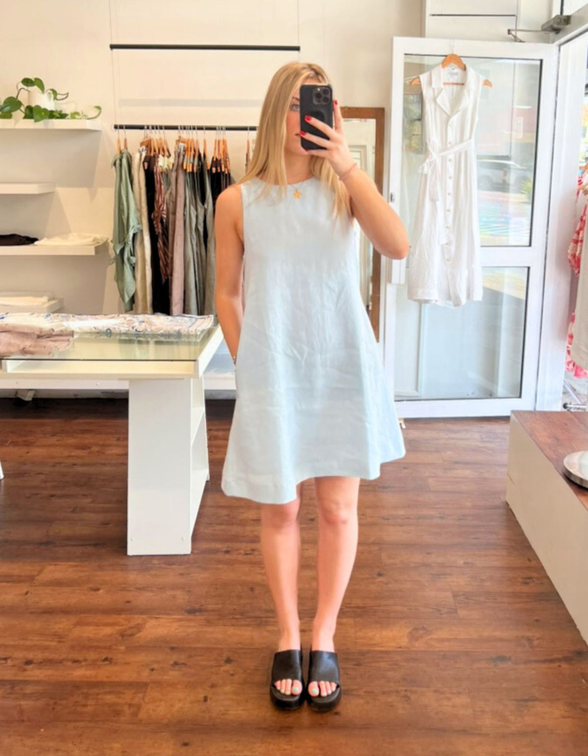 Apex A Line Sleeveless Linen Shift Dress in Light Blue