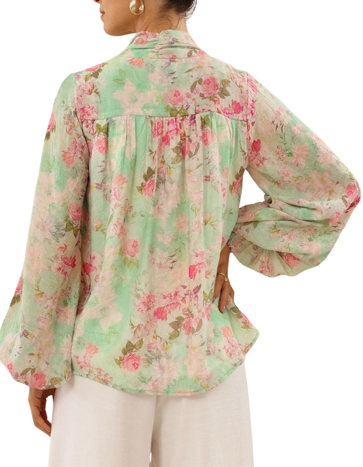 Estellle Button Down Blouse in Green/Pink Floral Print