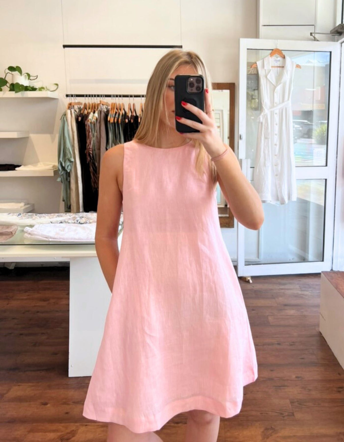 Apex A Line Sleeveless Linen Shift Dress in Light Pink