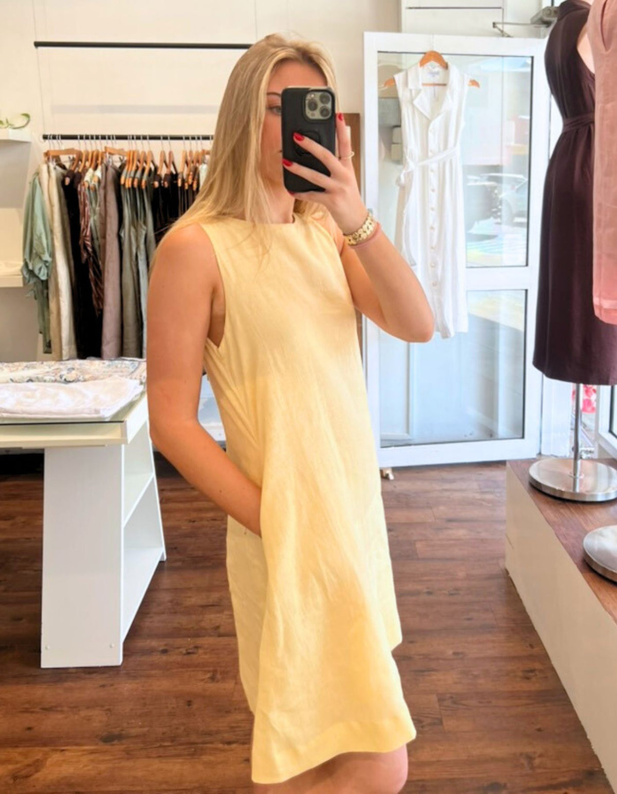 Apex A Line Sleeveless Linen Shift Dress in Lemon
