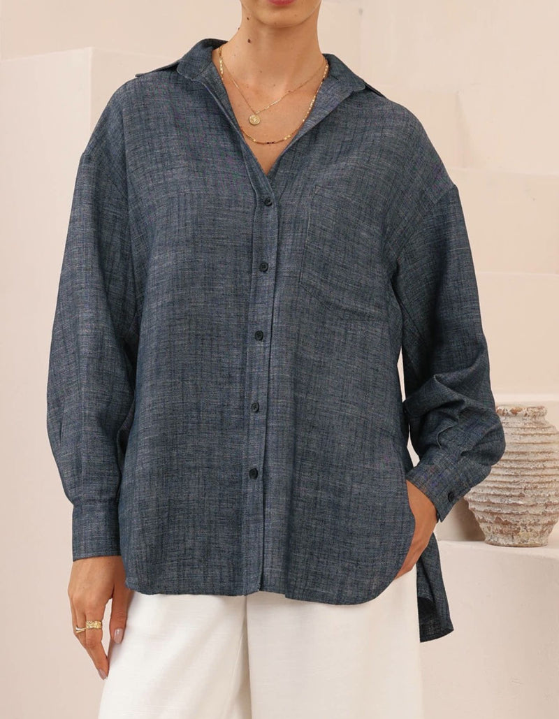 Billie Button Down Long Sleeve Shirt in Indigo