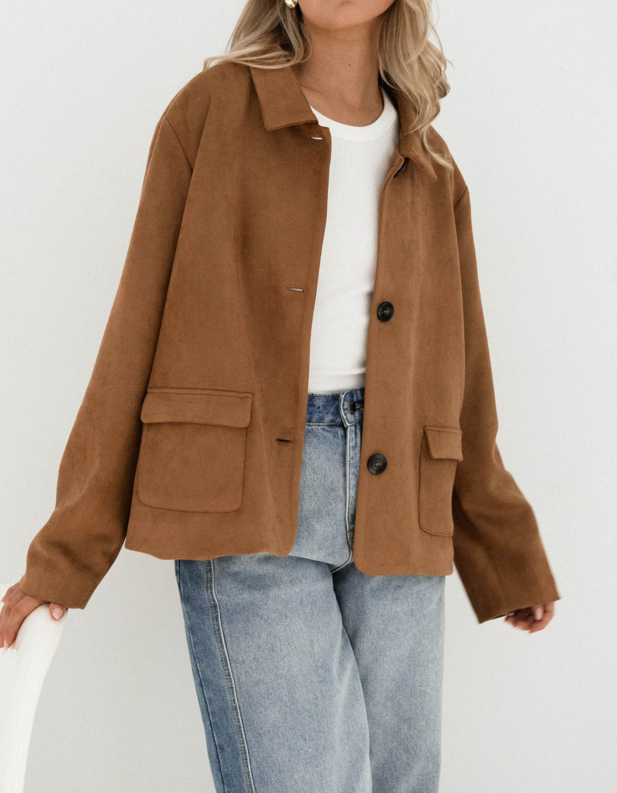 Reese Relaxed Button Up Suede Jacket in Camel