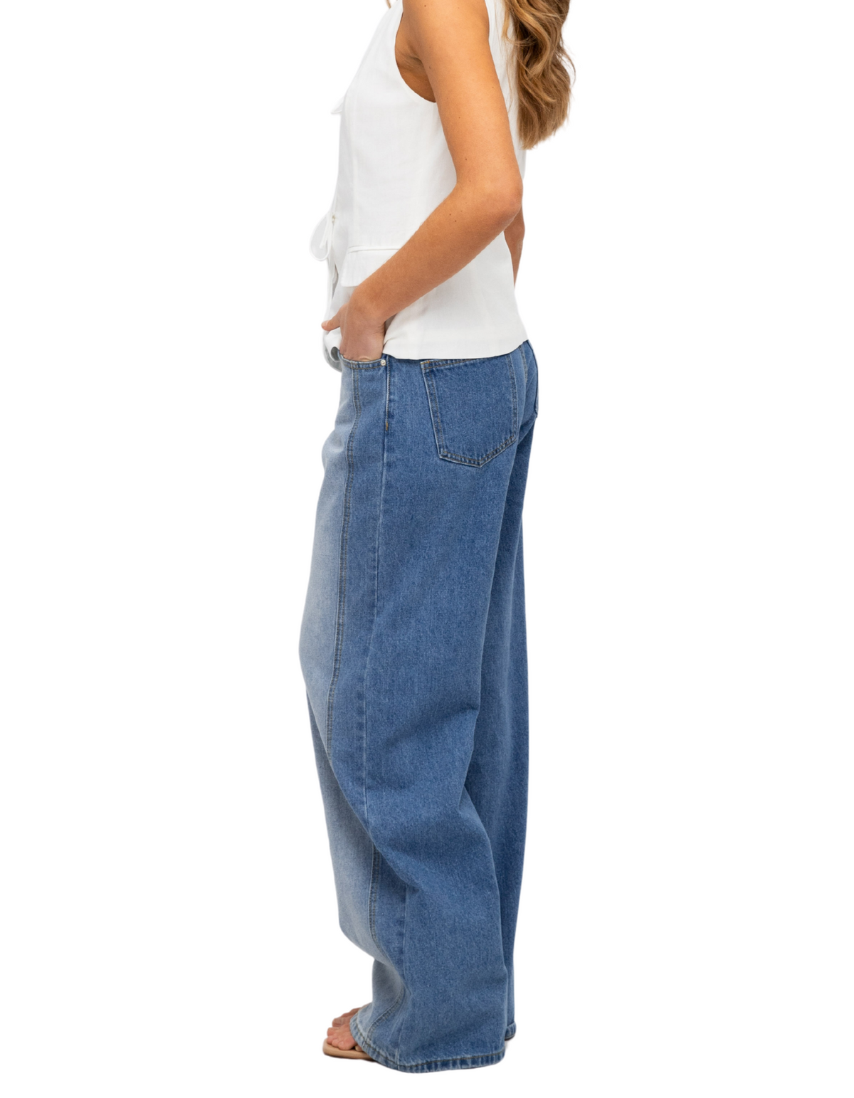 Tilly Contrast Panel Wide-Leg Jean in Blue Denim