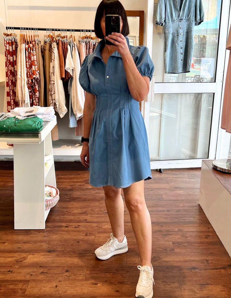 Brighton Short Sleeve Button Down Dress in Blue