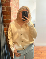 Mira V-Neck Contrast Trim Button-Up Cardigan in Beige