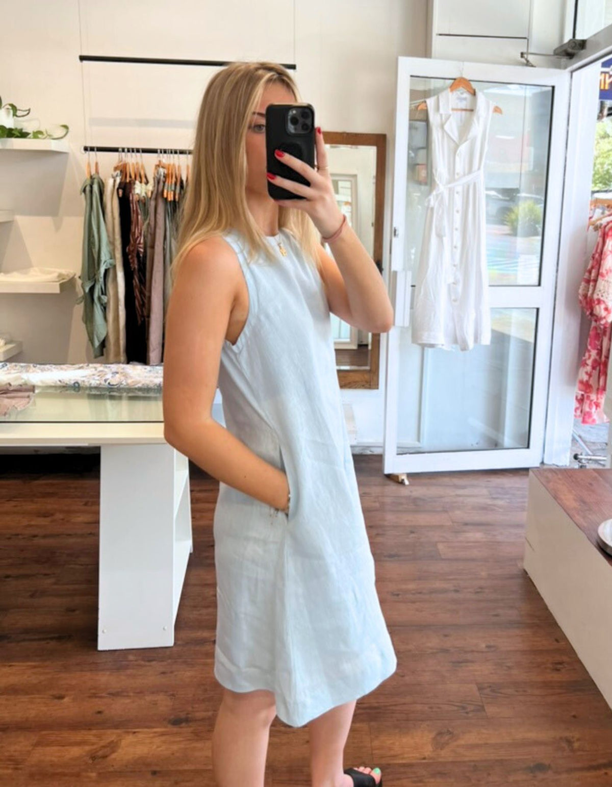 Apex A Line Sleeveless Linen Shift Dress in Light Blue