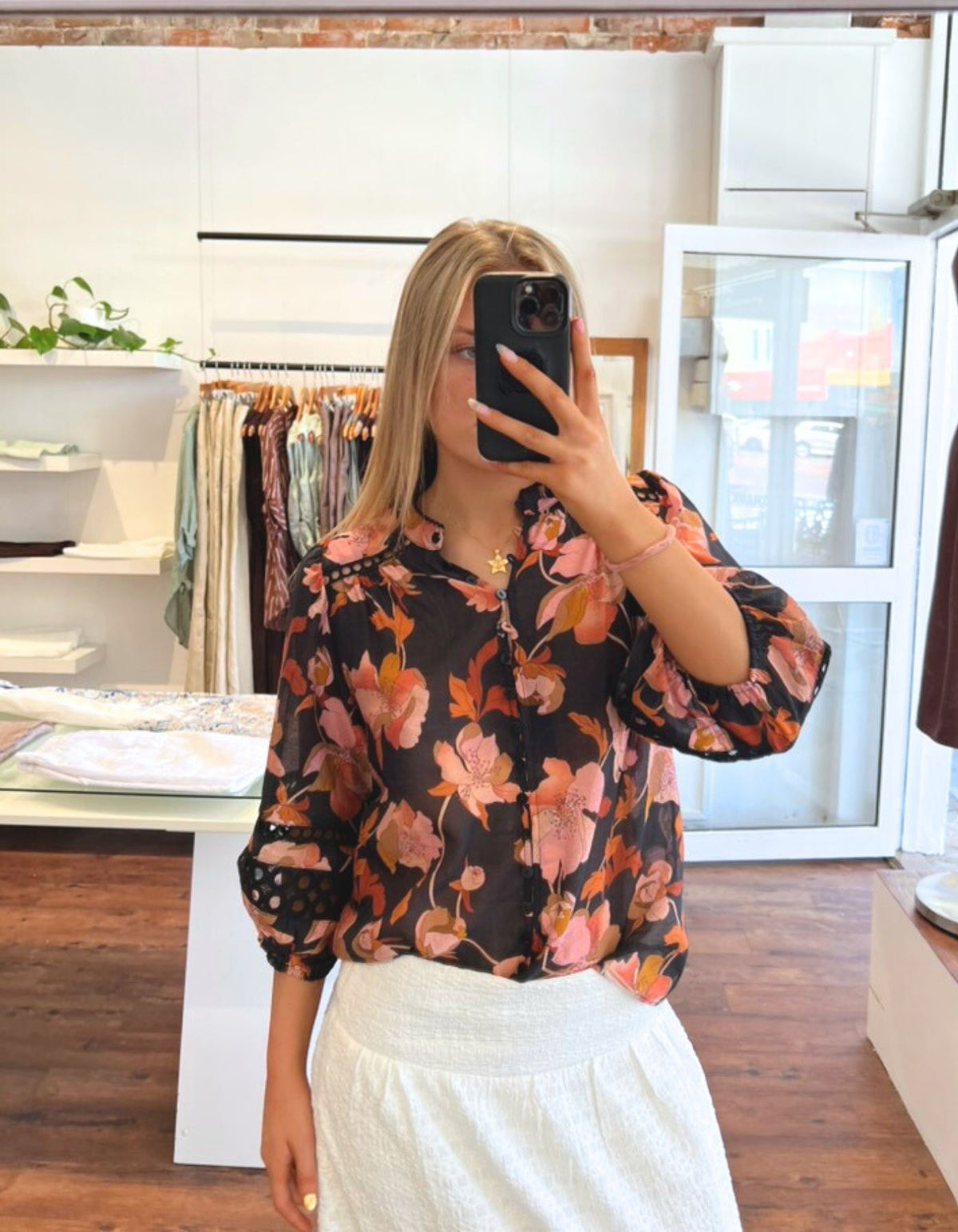 Arin Button Down 3/4 Sleeve Top in Black Floral