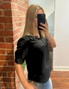 Vera Linen-Cotton Button Up Short Sleeve Top in Black