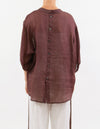 River Button Down Collarless Sheer Linen Shirt in Brown