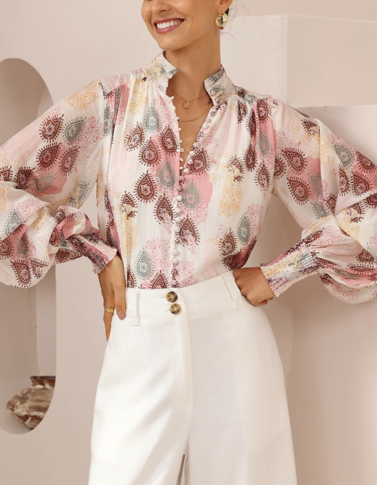 Estellle Button Down Blouse in Pink Paisley Print