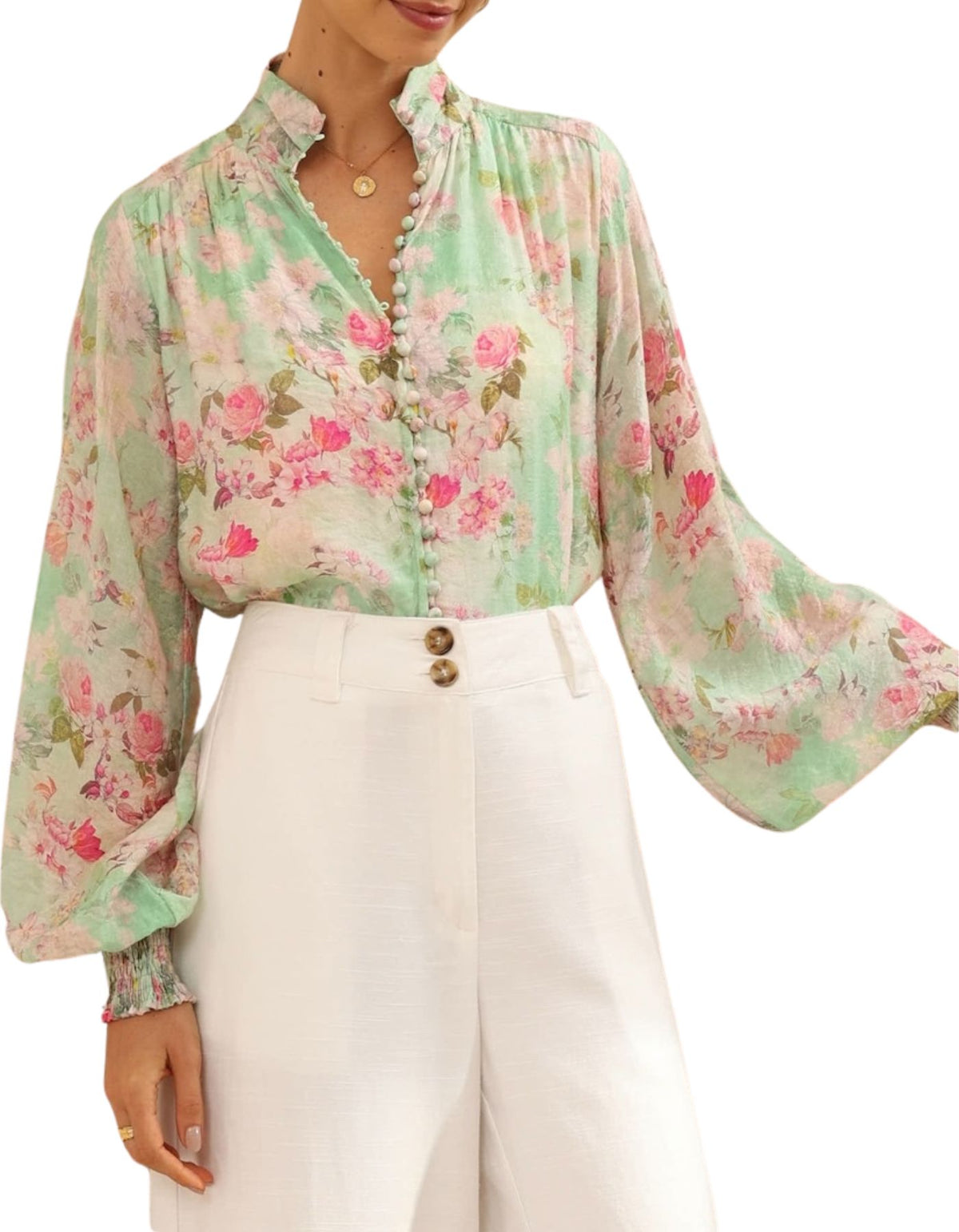 Estellle Button Down Blouse in Green/Pink Floral Print