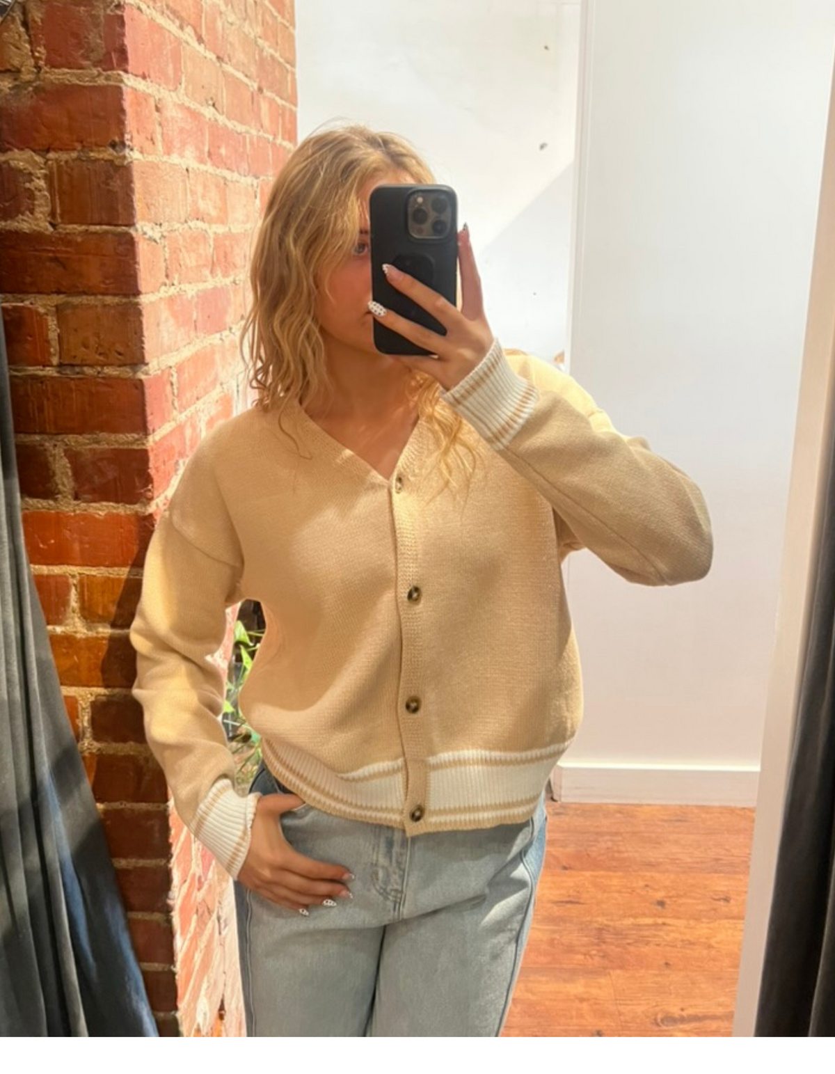 Mira V-Neck Contrast Trim Button-Up Cardigan in Beige