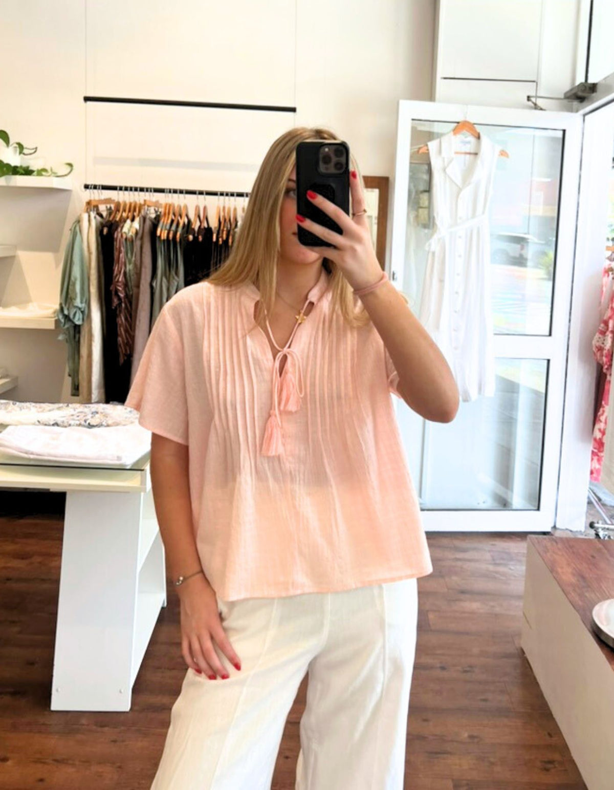 Mae V Neck Pintuck Cotton Top in Light Pink