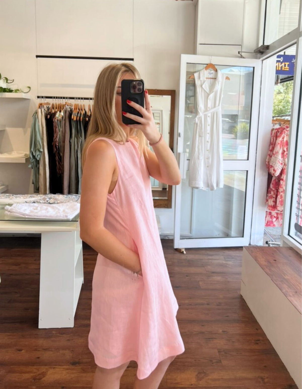 Apex A Line Sleeveless Linen Shift Dress in Light Pink