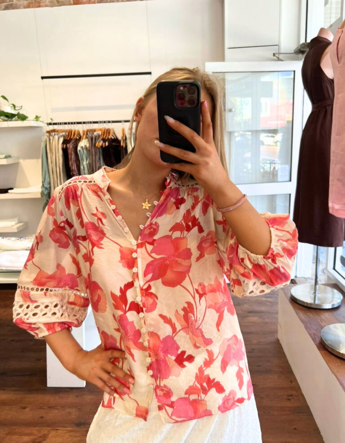 Arin Button Down 3/4 Sleeve Top in Pink Floral