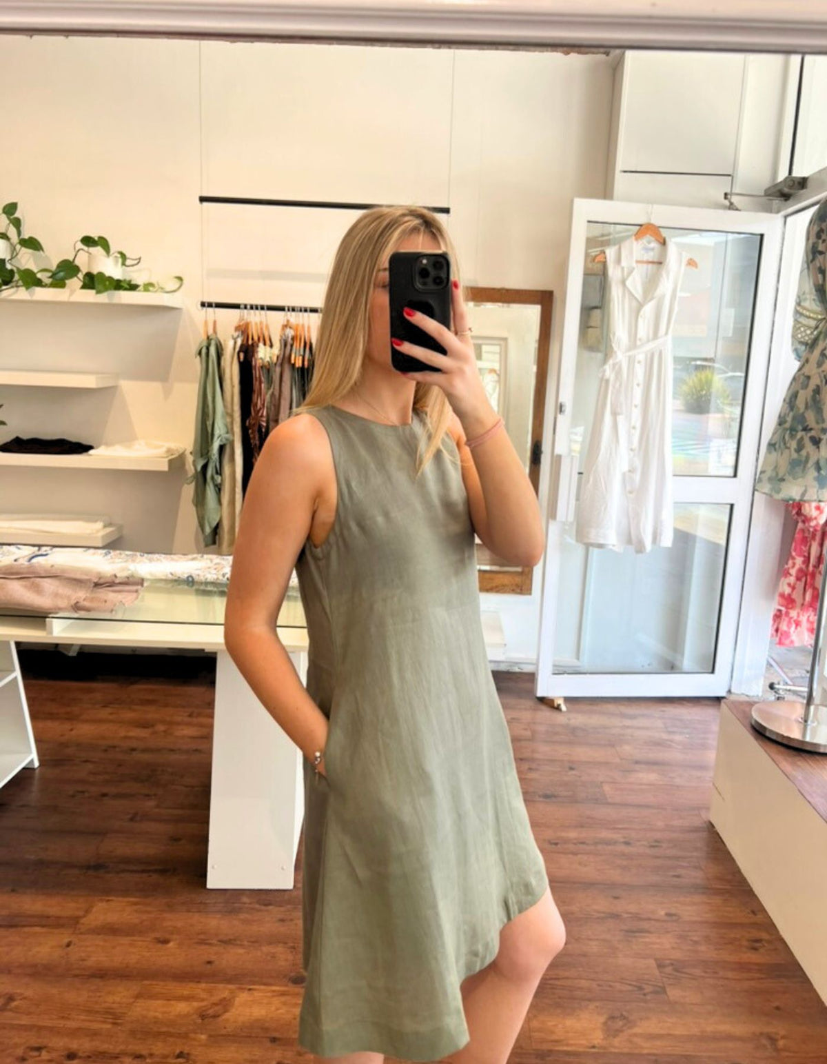 Apex A Line Sleeveless Linen Shift Dress in Khaki