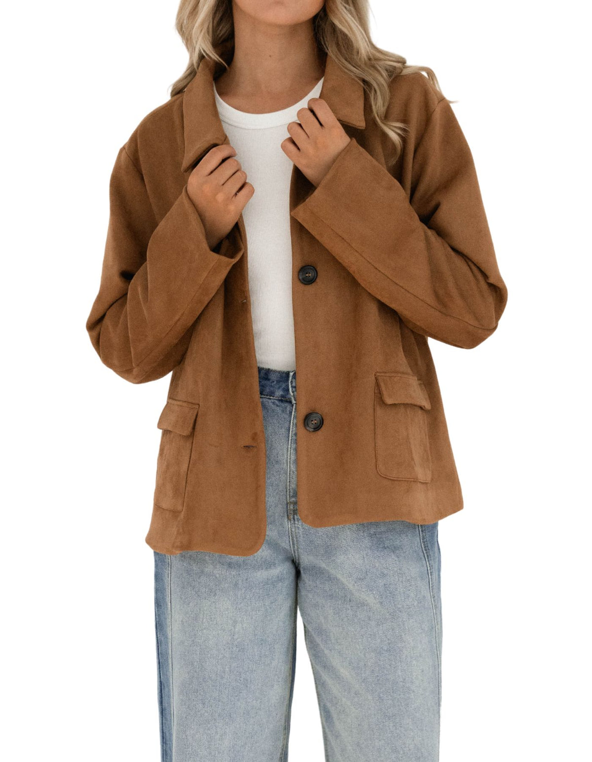 Reese Relaxed Button Up Suede Jacket in Camel