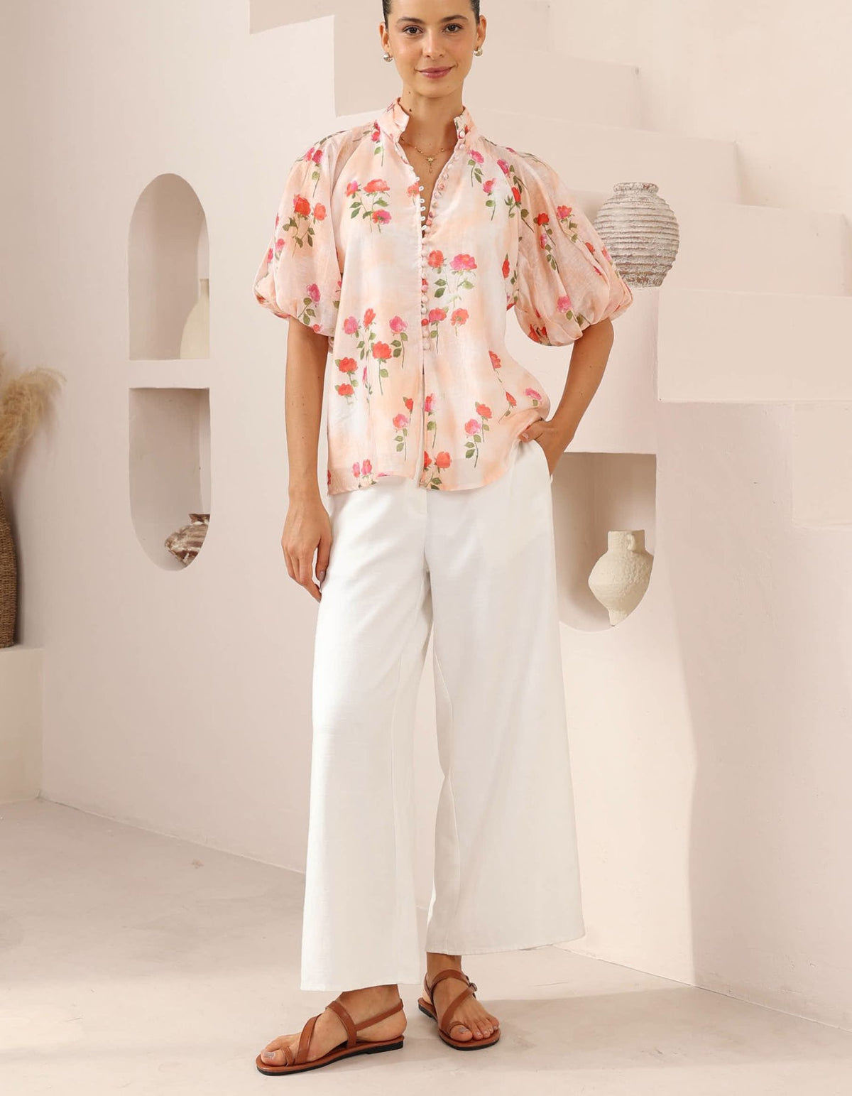 Amari Button Down Blouse in Pink Floral Print