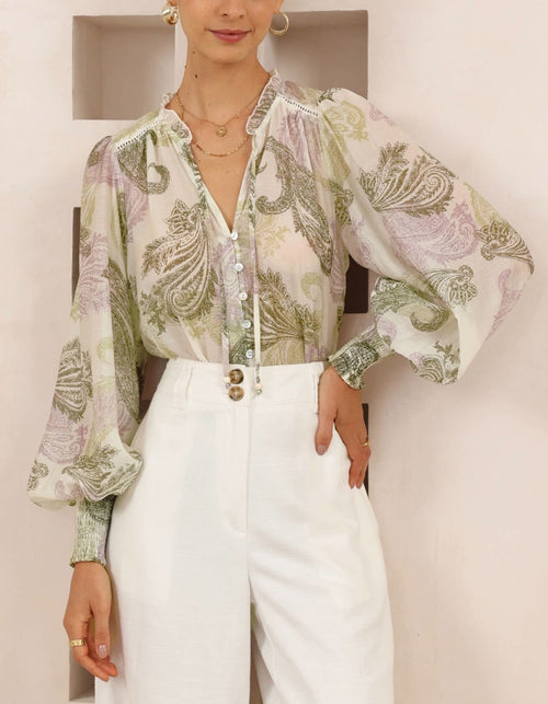 Estellle Button Down Blouse in Green Paisley Print